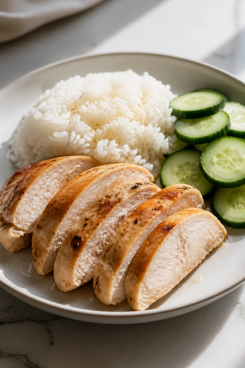 Close-up of chicken with white rice and cucumber on a plate