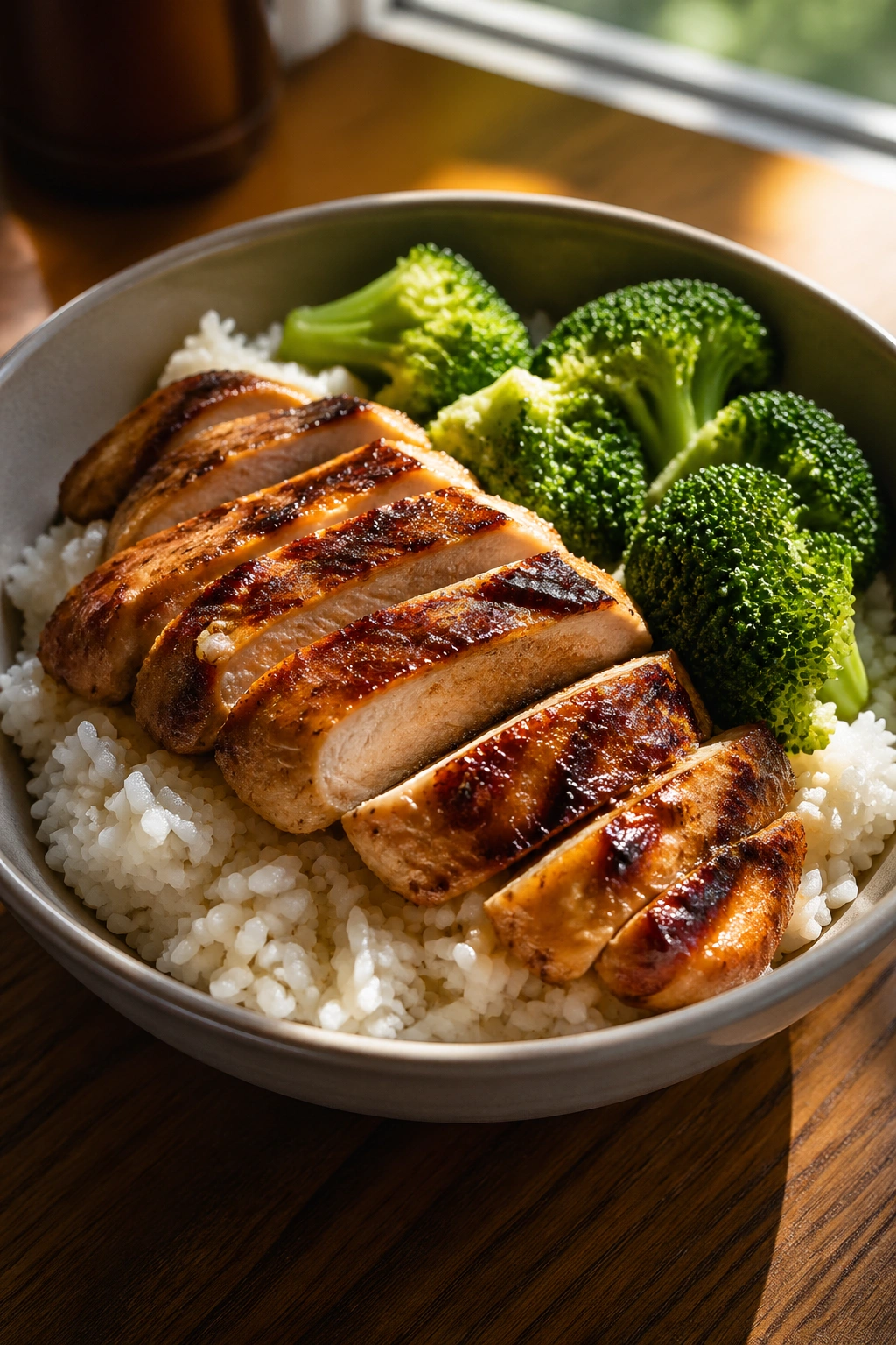 Close-up of chicken rice bowl with broccoli for post-workout nutrition