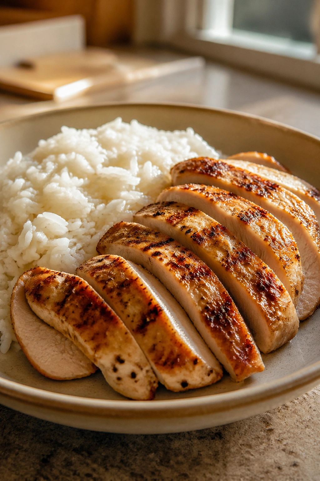 Close-up of chicken and rice plate on kitchen counter