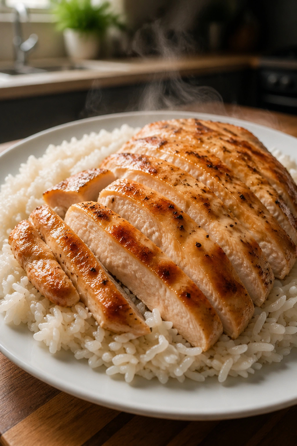 Close-up of chicken breast and rice on a plate