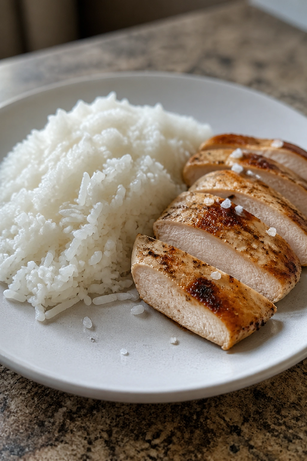 Plate of chicken with white rice and light salt in a bright kitchen