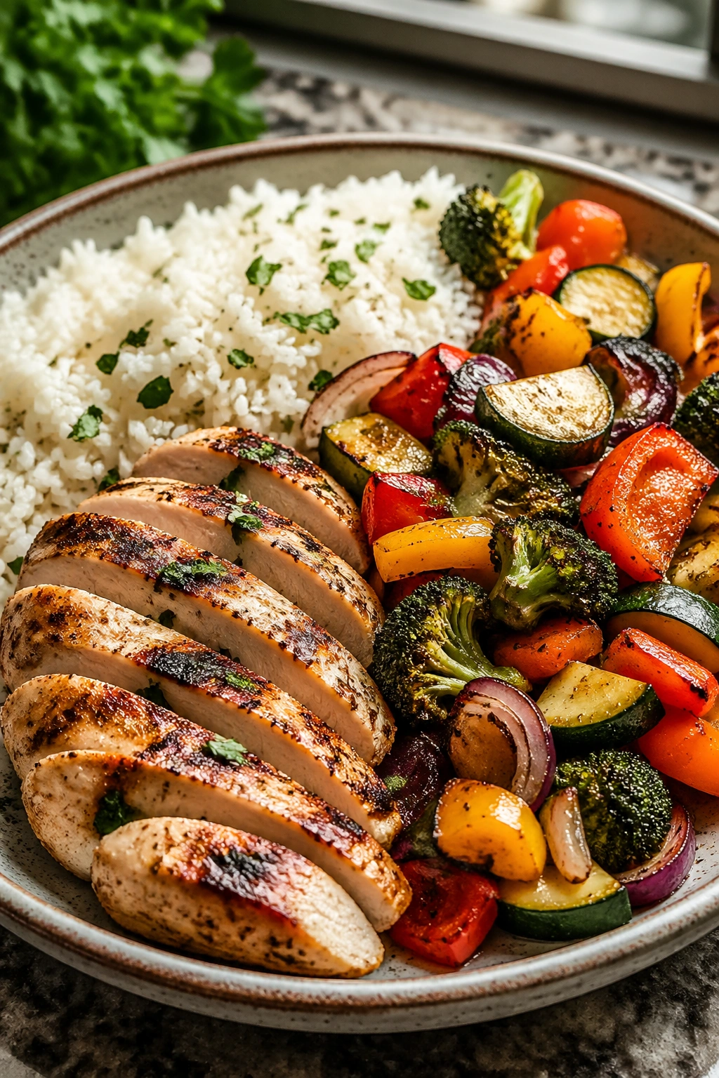 Close-up of chicken, rice, and roasted vegetables plated for a post-workout meal