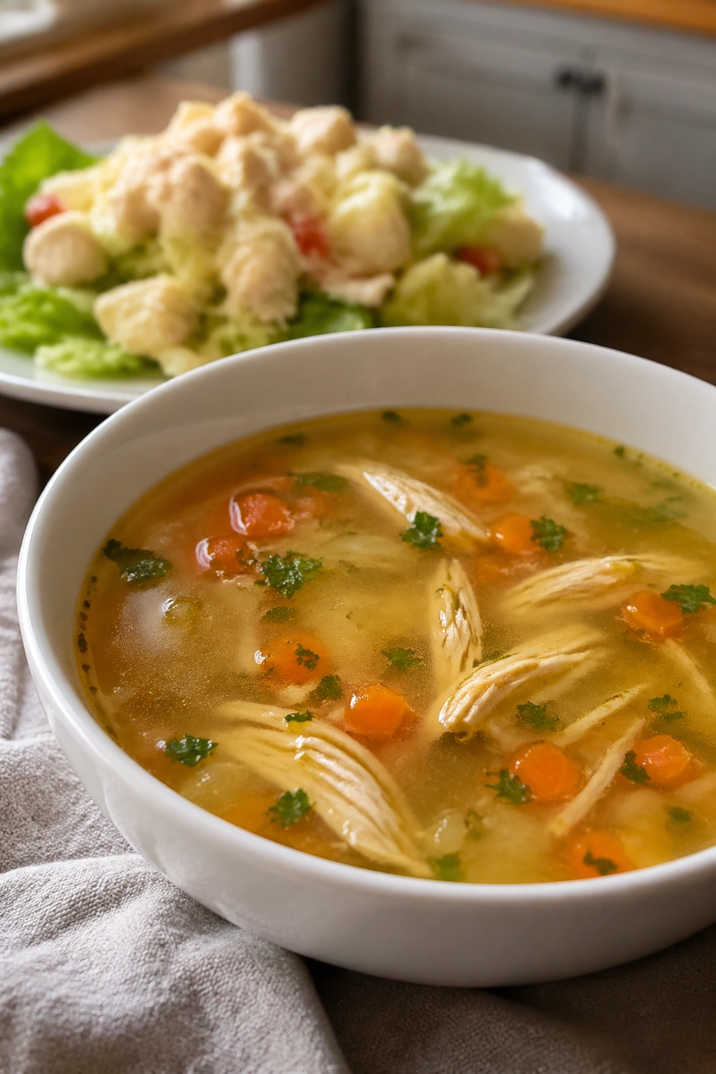 Bowl of clear broth soup with chicken salad in a cozy kitchen