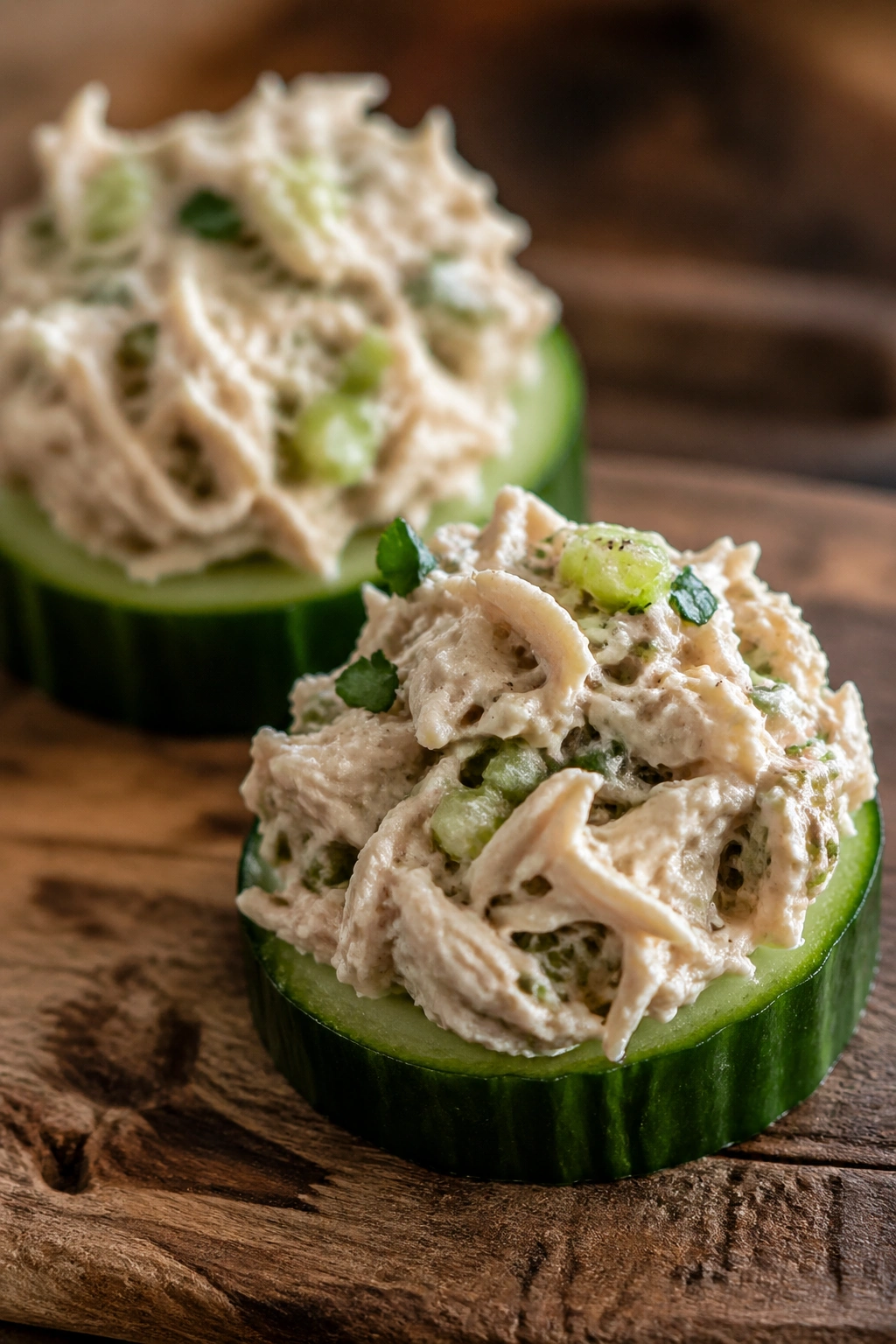 Cucumber rounds topped with chicken salad, protein snack