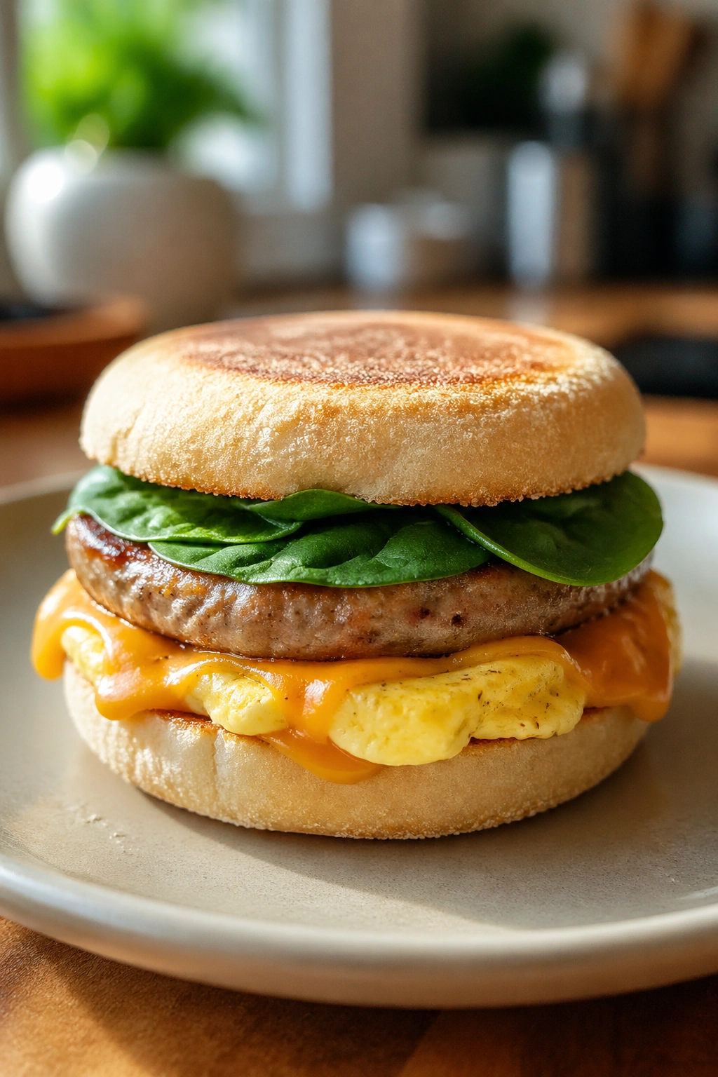 Close-up of chicken sausage English muffin sandwich with egg and cheese on plate