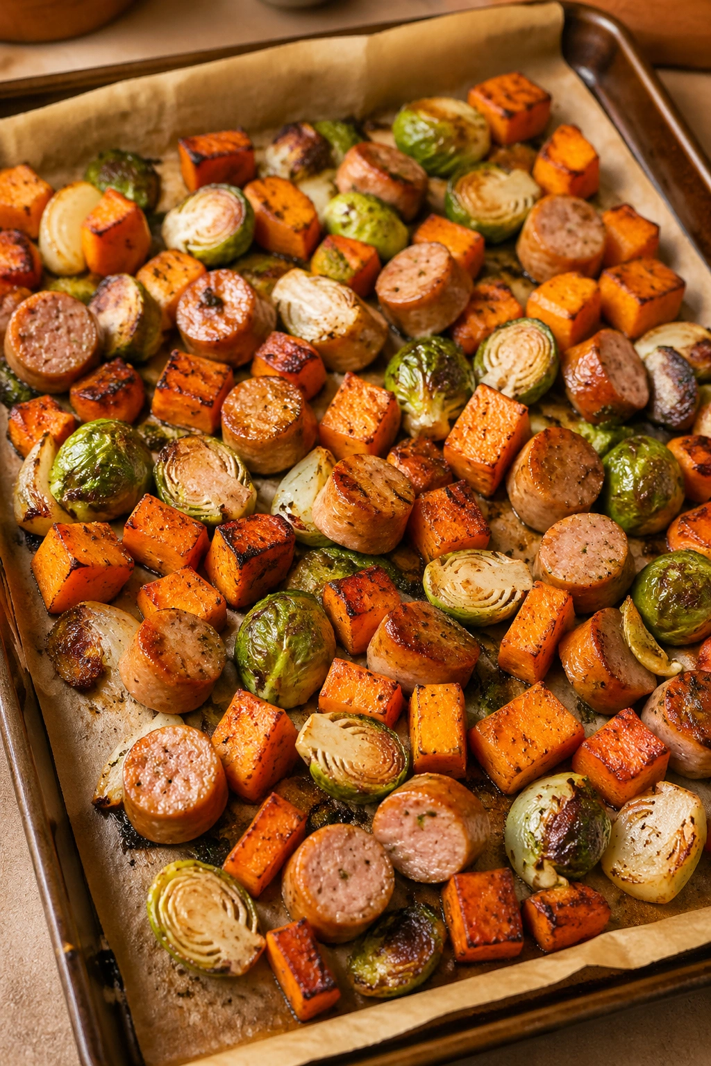 Sheet-pan roast with sausage, sweet potatoes, and Brussels sprouts