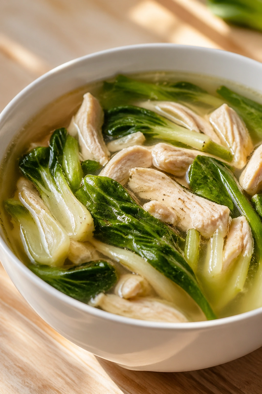 Close-up of Clear Chicken and Bok Choy Soup with chicken and bok choy in clear broth