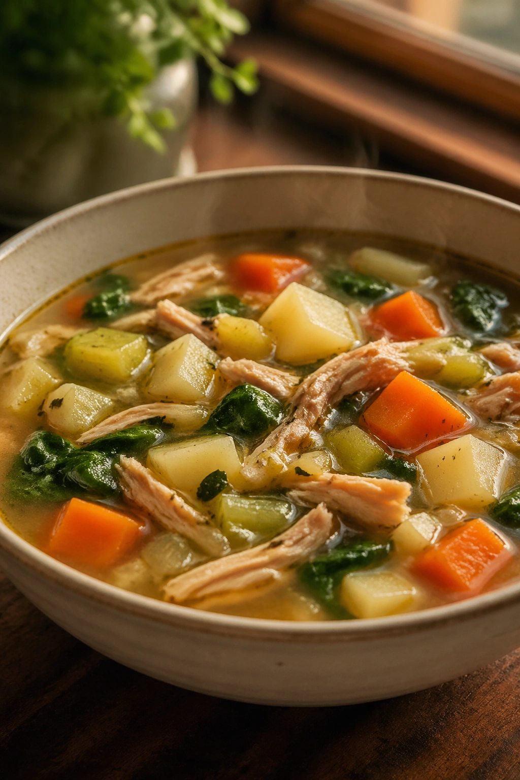 Close-up of steaming chicken vegetable soup with potatoes in a bowl on a wooden table