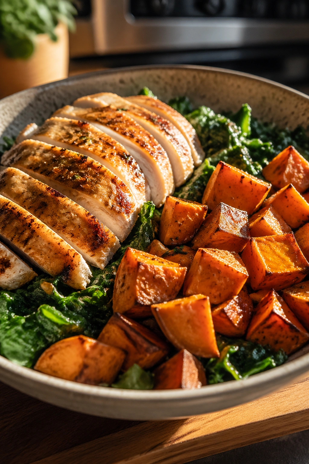 Bowl of chicken and sweet potato with greens in a kitchen