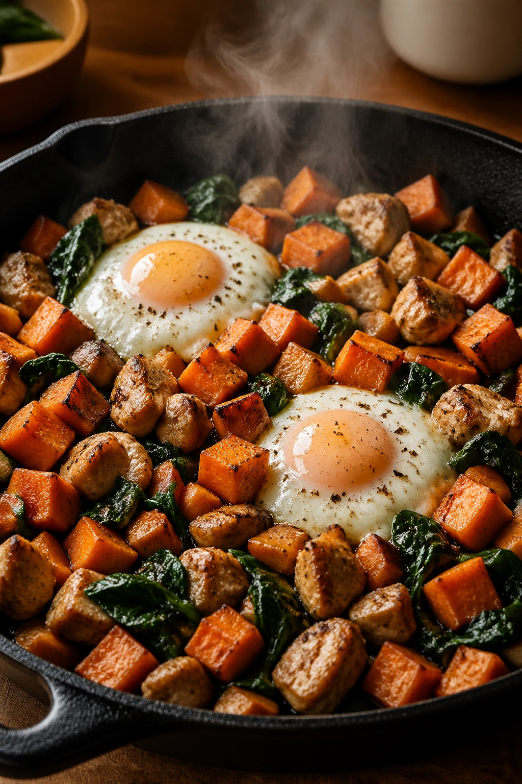 Close-up of chicken sweet potato breakfast hash in a skillet with eggs