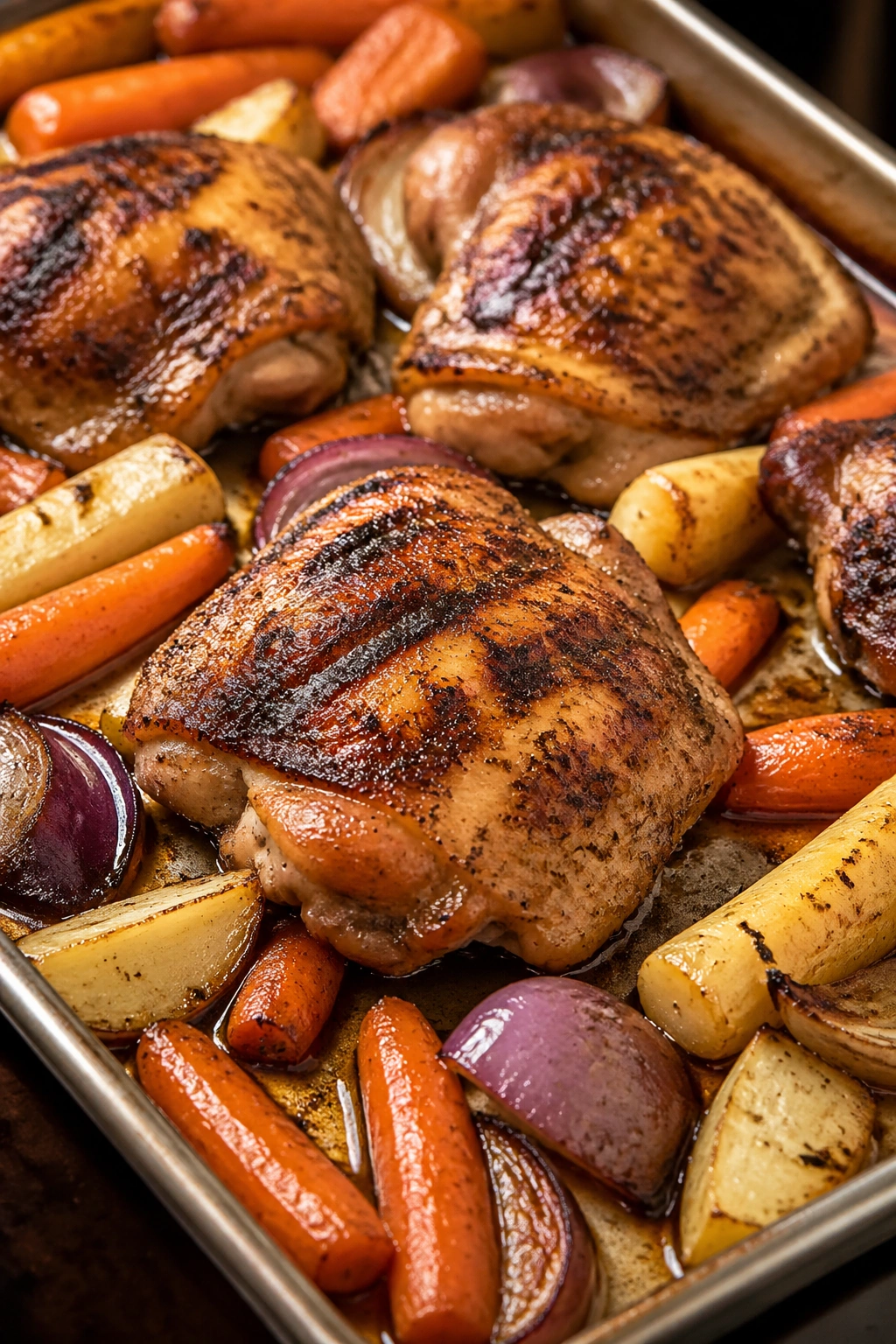 Close-up of grilled chicken thighs with roasted root vegetables
