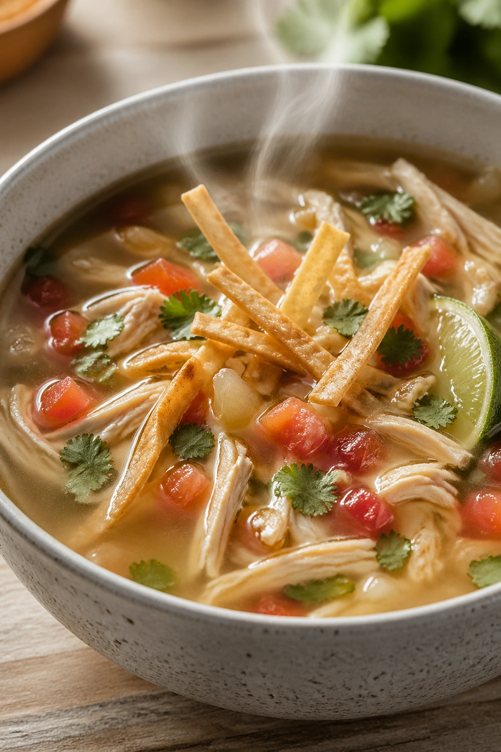 Steaming light chicken tortilla soup in a bowl
