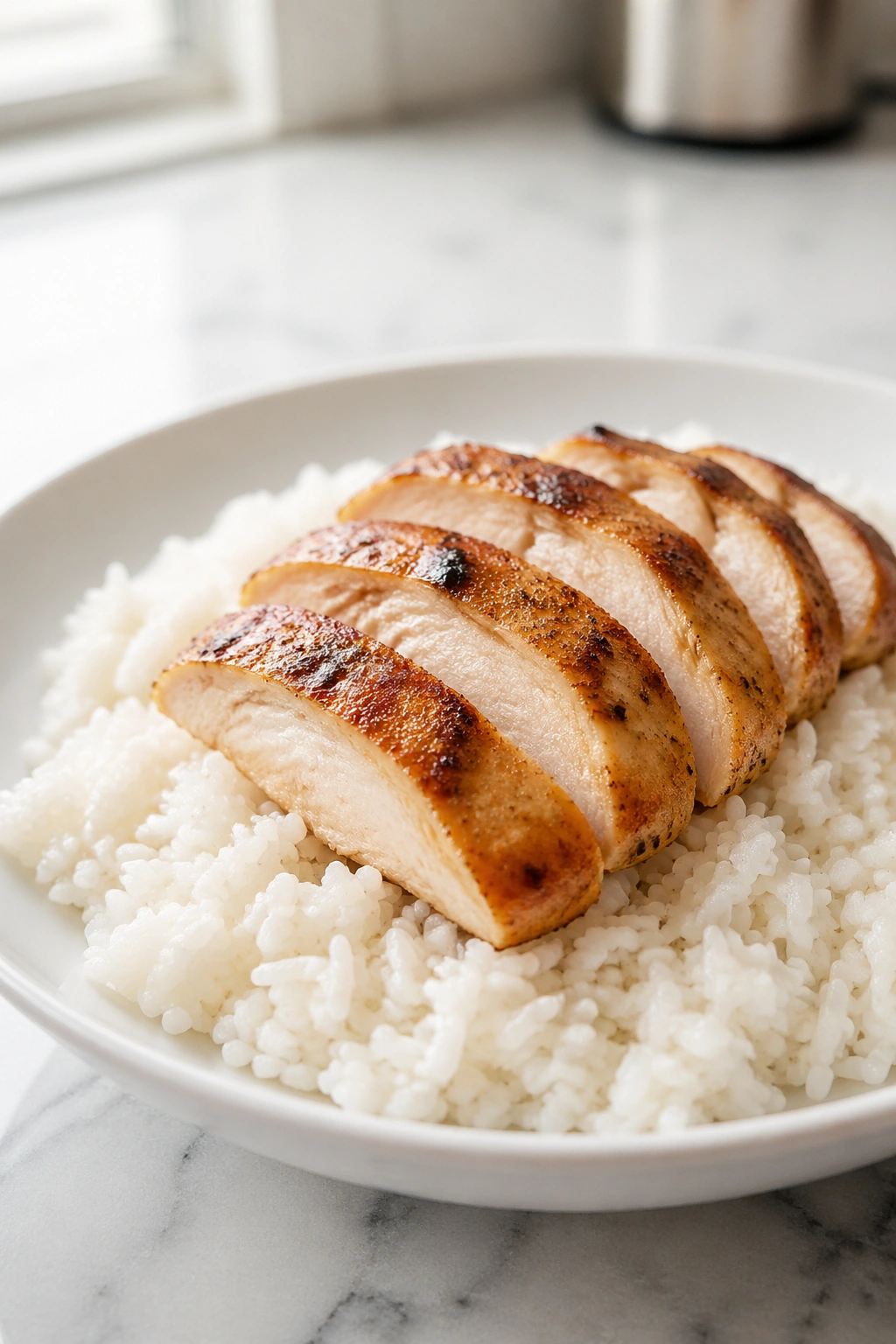 Close-up of chicken and white rice on a plate in a bright kitchen