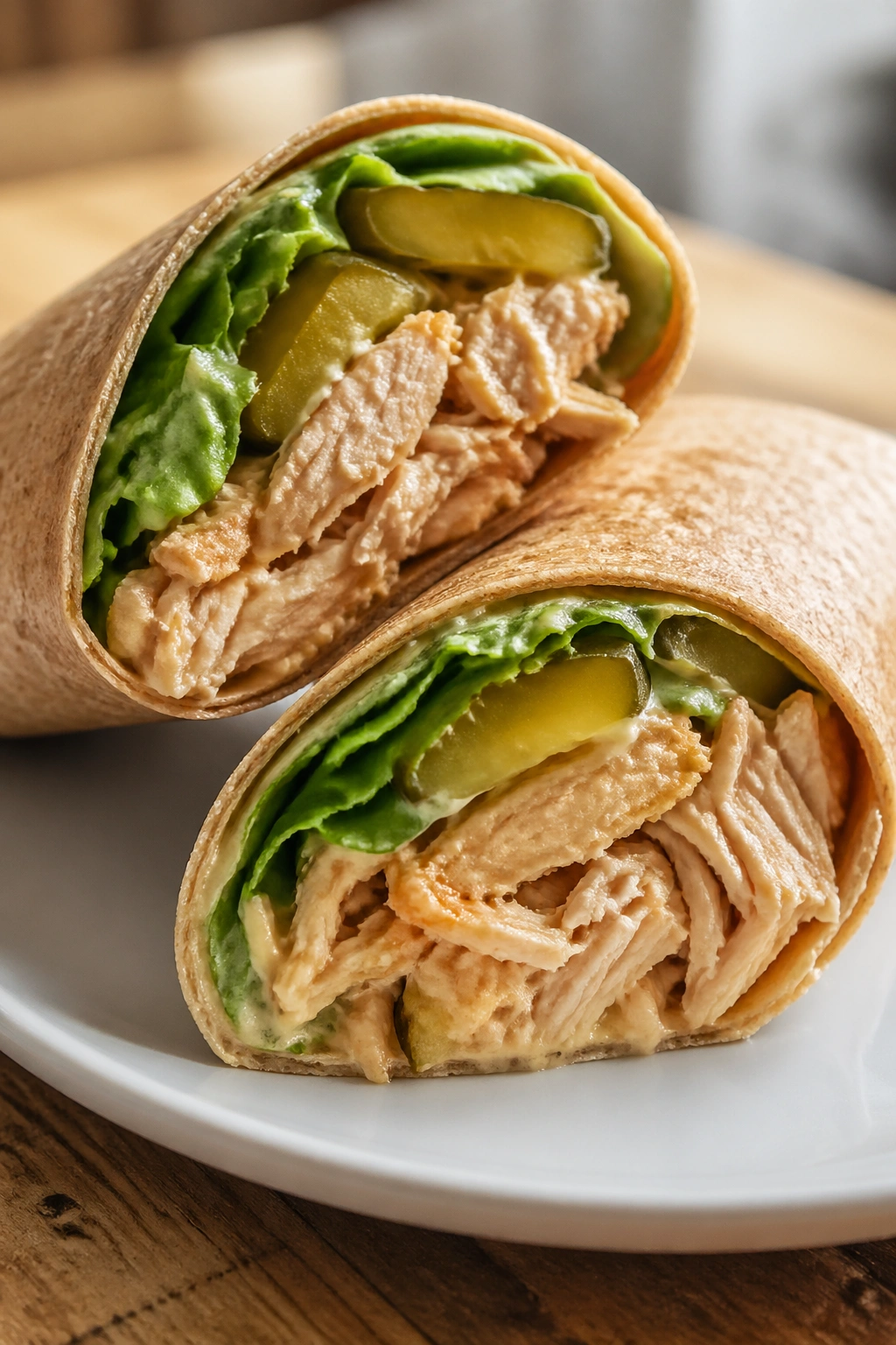 Close-up of chicken wrap halves with lettuce and pickle on plate, protein-packed pre-workout snack