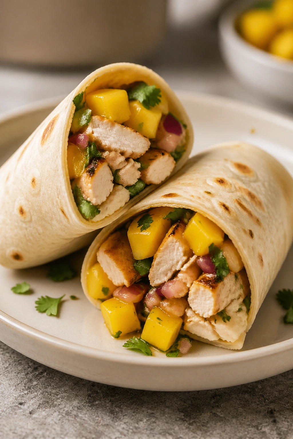 Chicken wrap with tortilla and mango salsa on plate