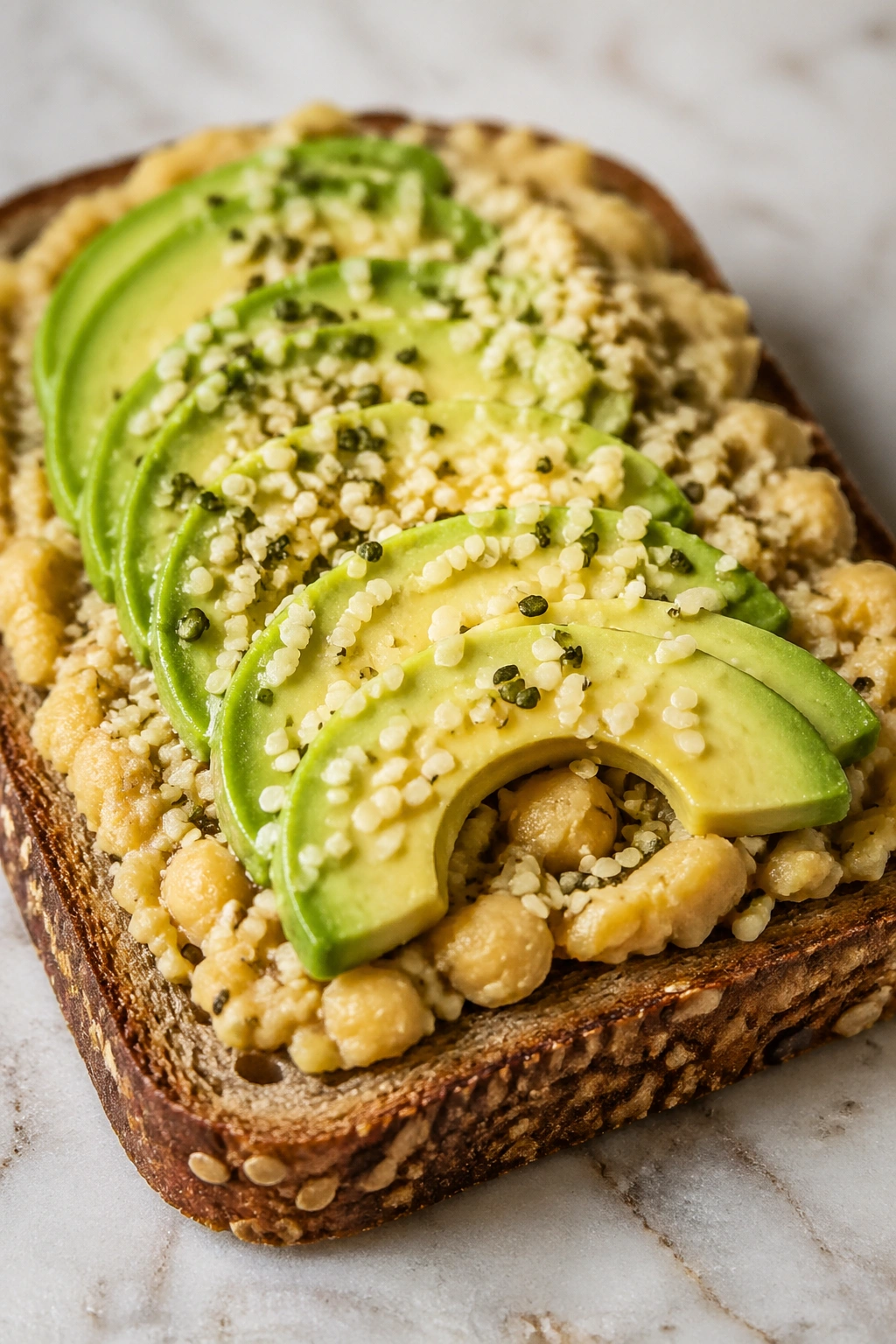 Toast with chickpea spread, avocado and hemp seeds