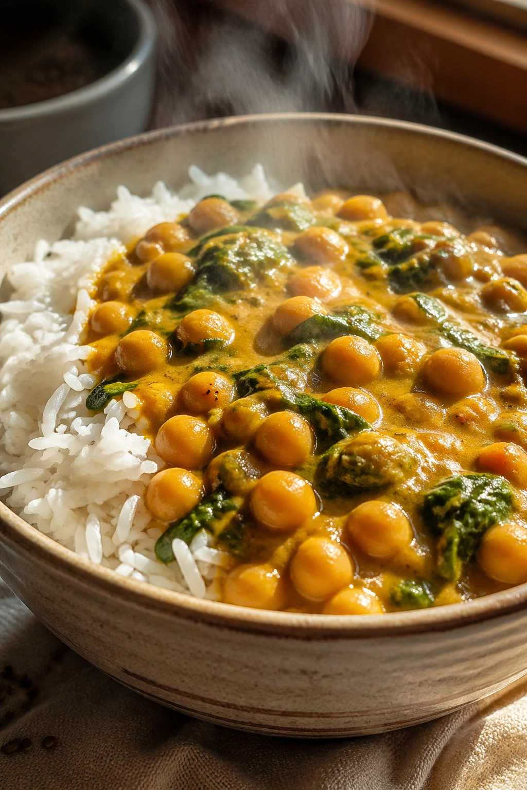Close-up of chickpea coconut curry with rice in a bowl on a wooden table