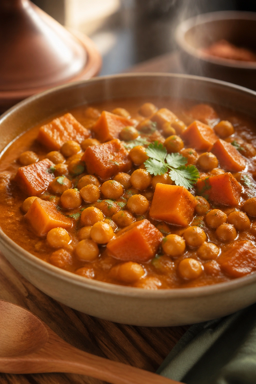 Close-up of Moroccan-spiced chickpea and sweet potato curry in a bowl