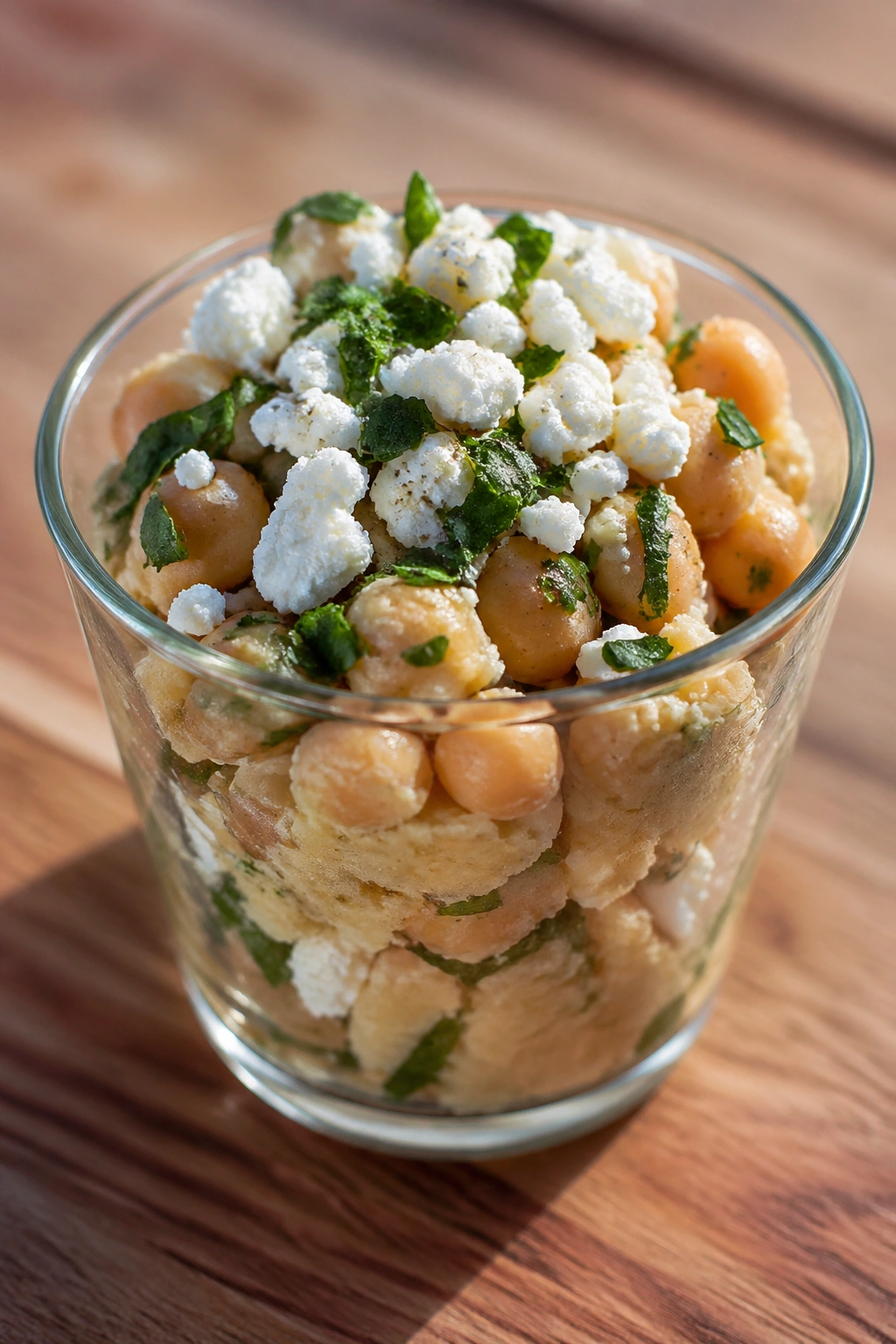 Cup of chickpea salad with feta and herbs on wood surface