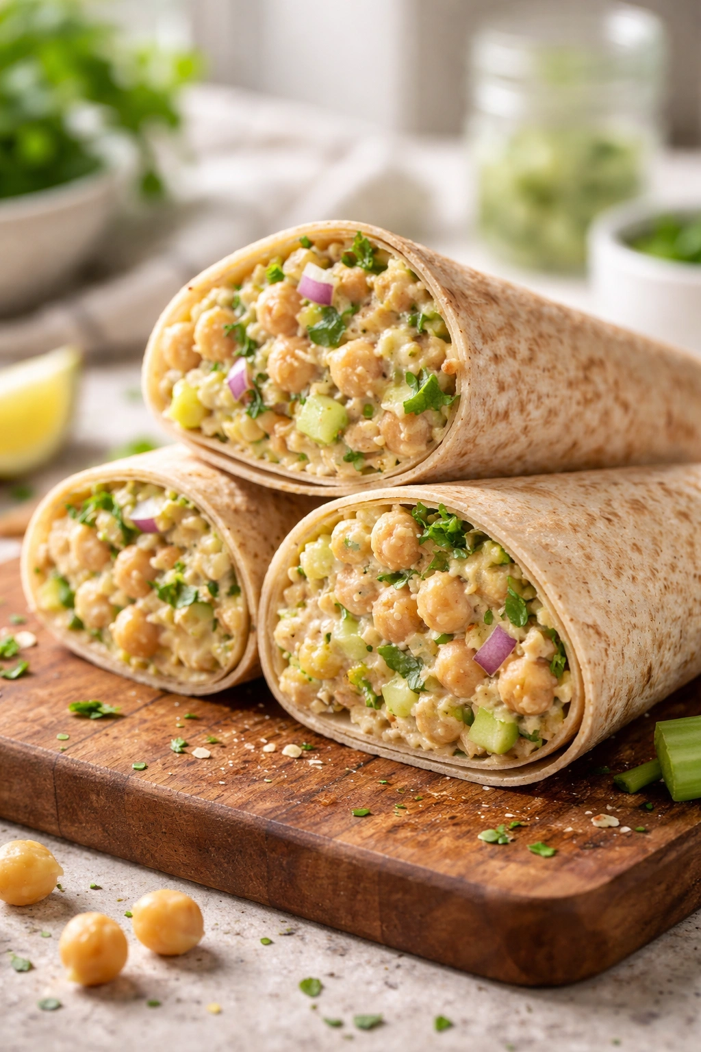 Two chickpea salad wraps cut to reveal creamy filling on a wooden board.