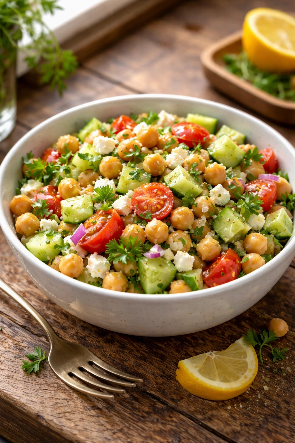 Bowl of chickpeas, cucumber, and feta with lemon-olive oil dressing on a wooden table.