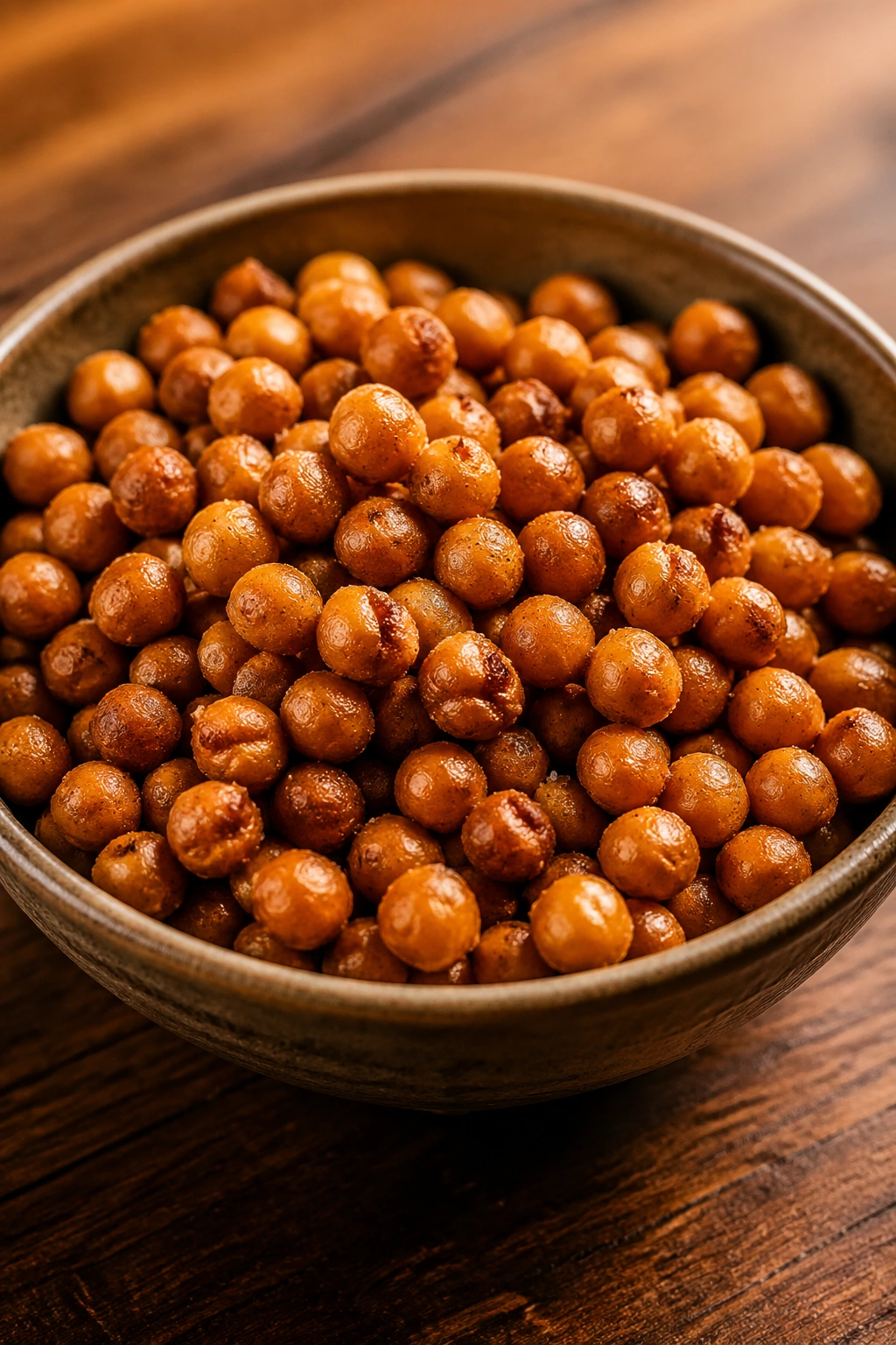 Close-up of roasted chickpeas in a bowl on a wooden table
