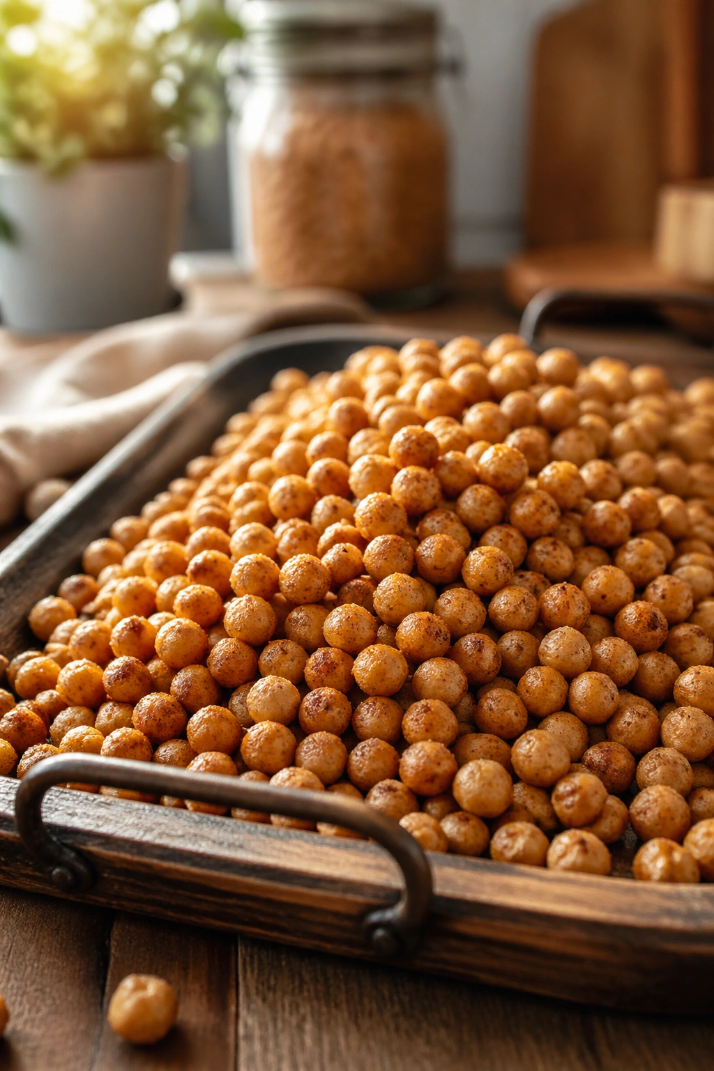 Close-up of roasted chickpeas on a rustic tray