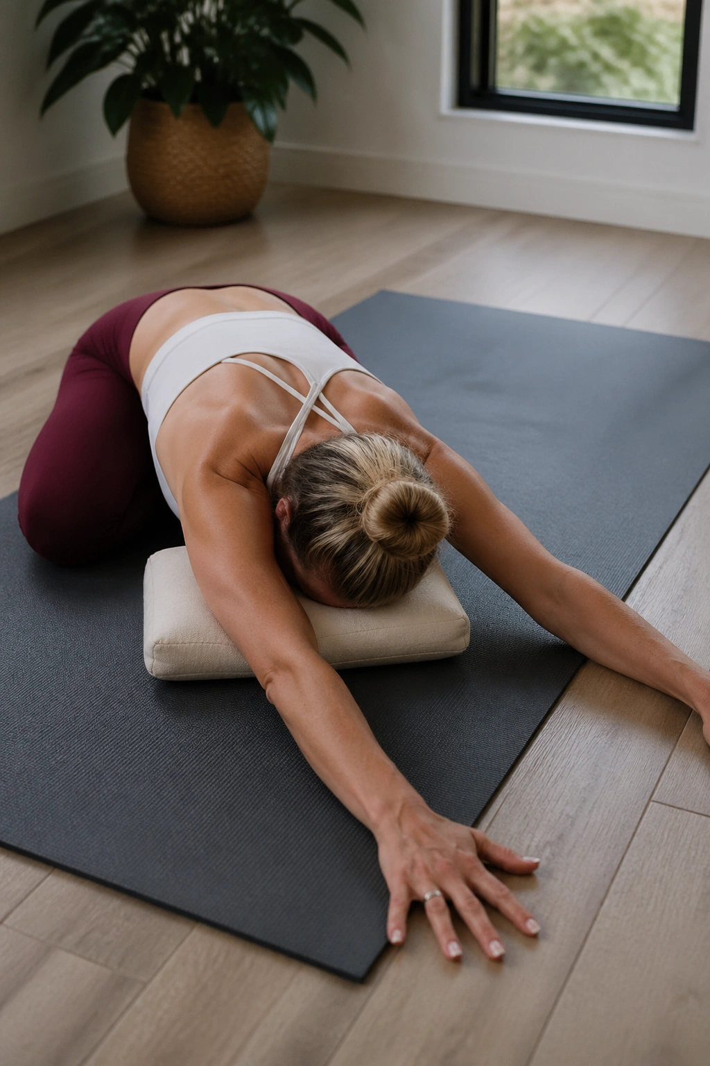 Child’s Pose with Side Reach opening side body in home space