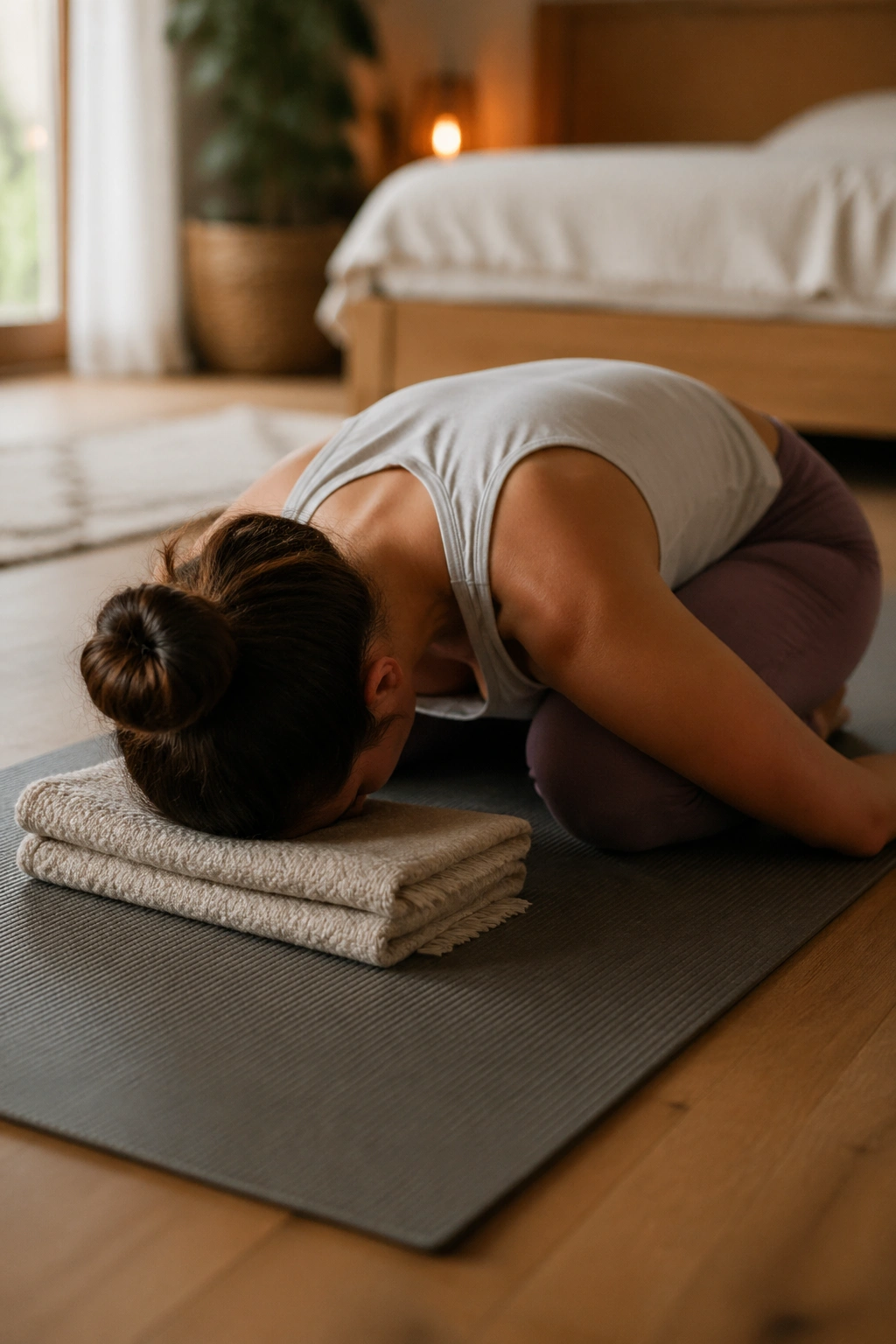 Close-up of a person in Child’s Pose on a yoga mat with forehead on a blanket, warm window light in a cozy room.