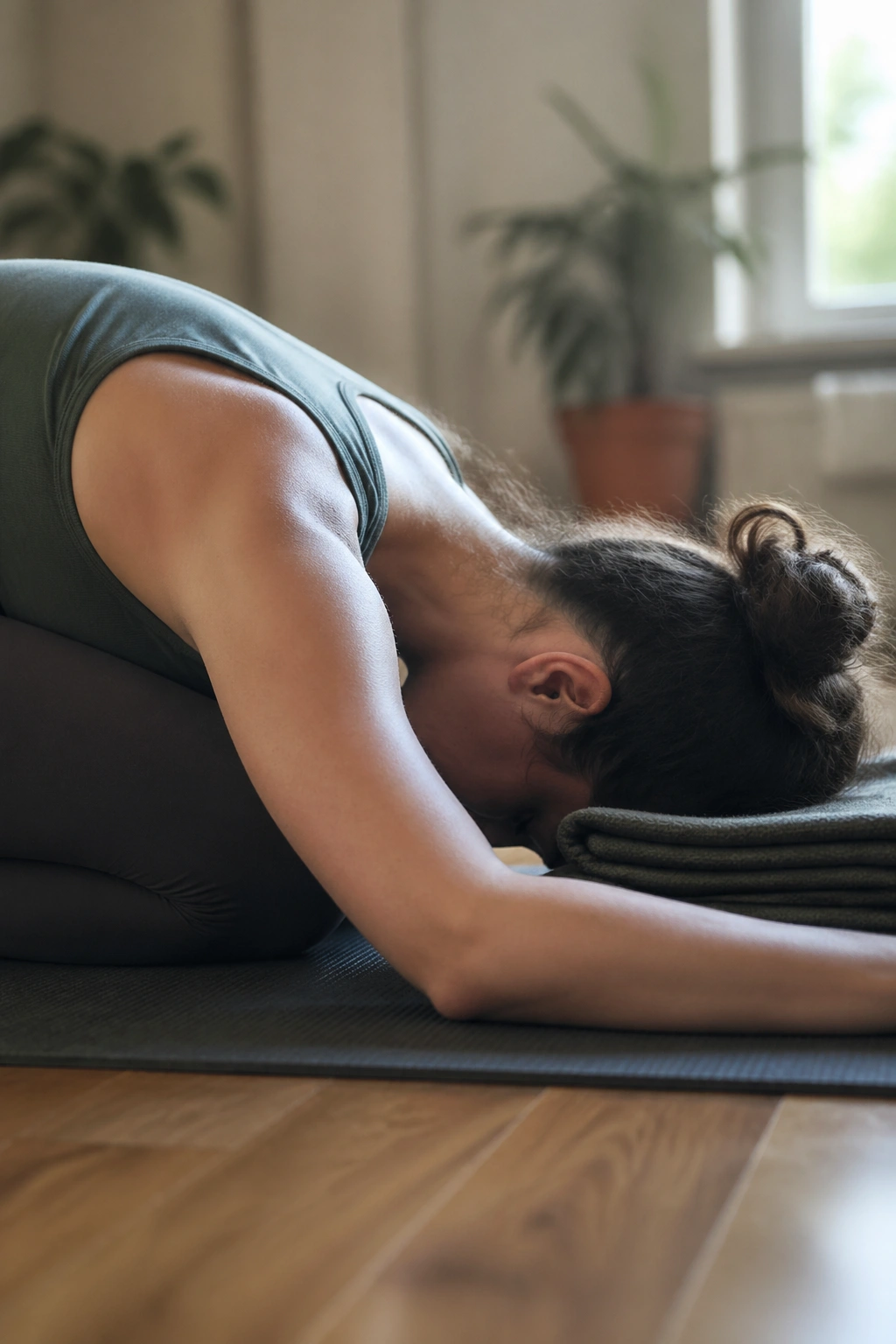 Close-up of a person in Forehead-supported Child’s Pose on a folded blanket in a cozy living room yoga space