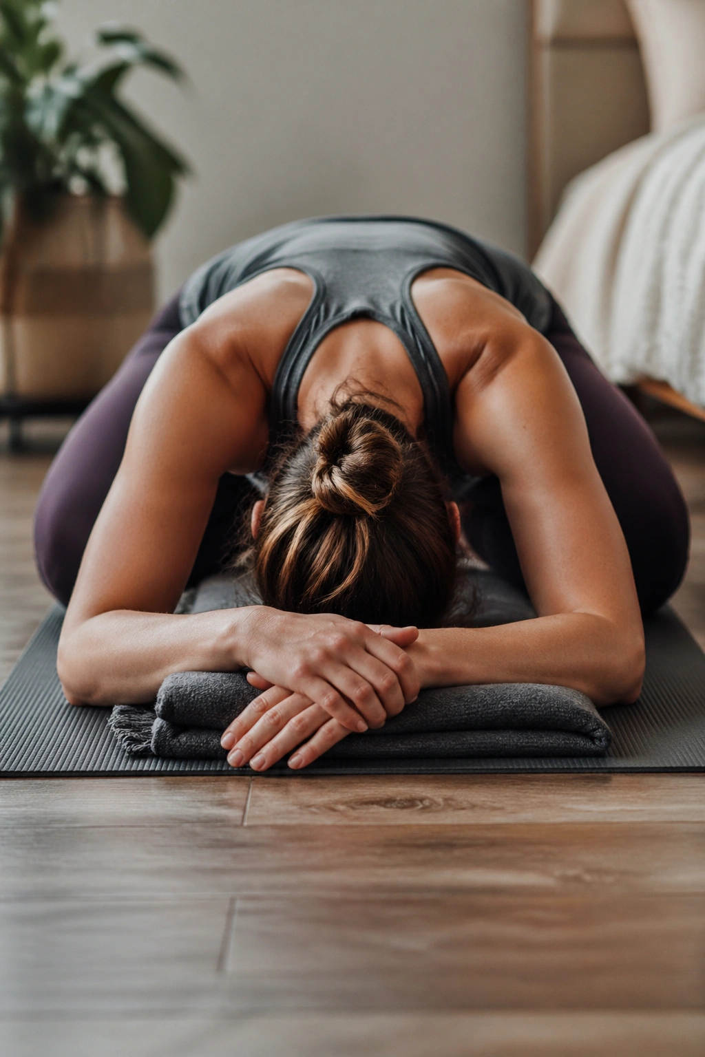 Person in Child's Pose resting with forehead on stacked fists