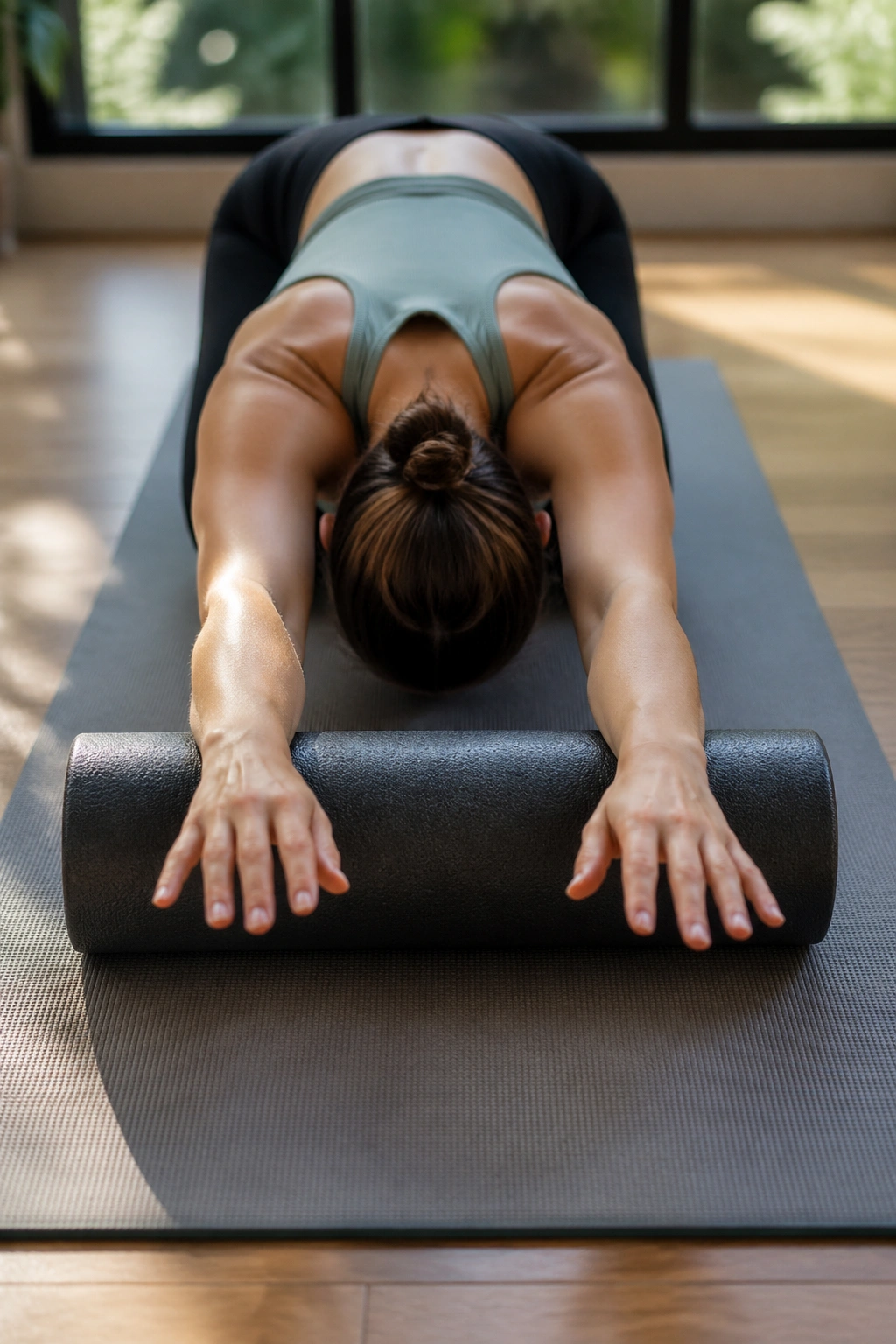 Close-up of a person in Child’s Pose roll-out with forearms on a foam roller