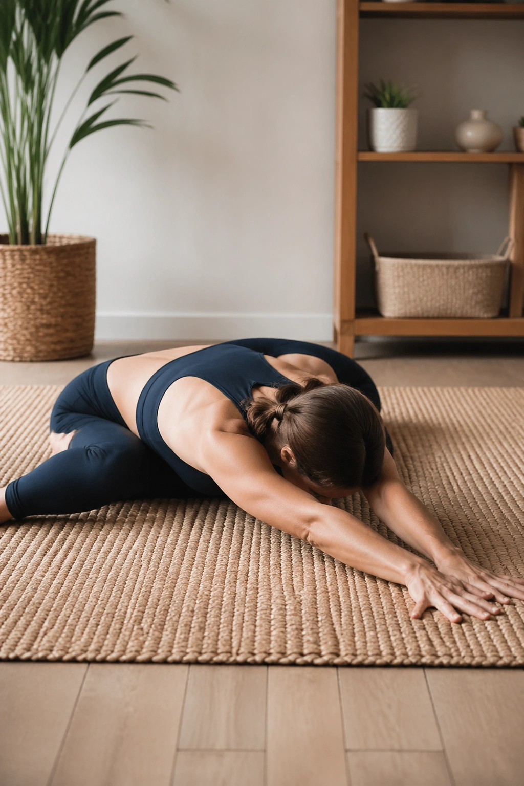 Child’s pose with arms reaching to the side to stretch the waist