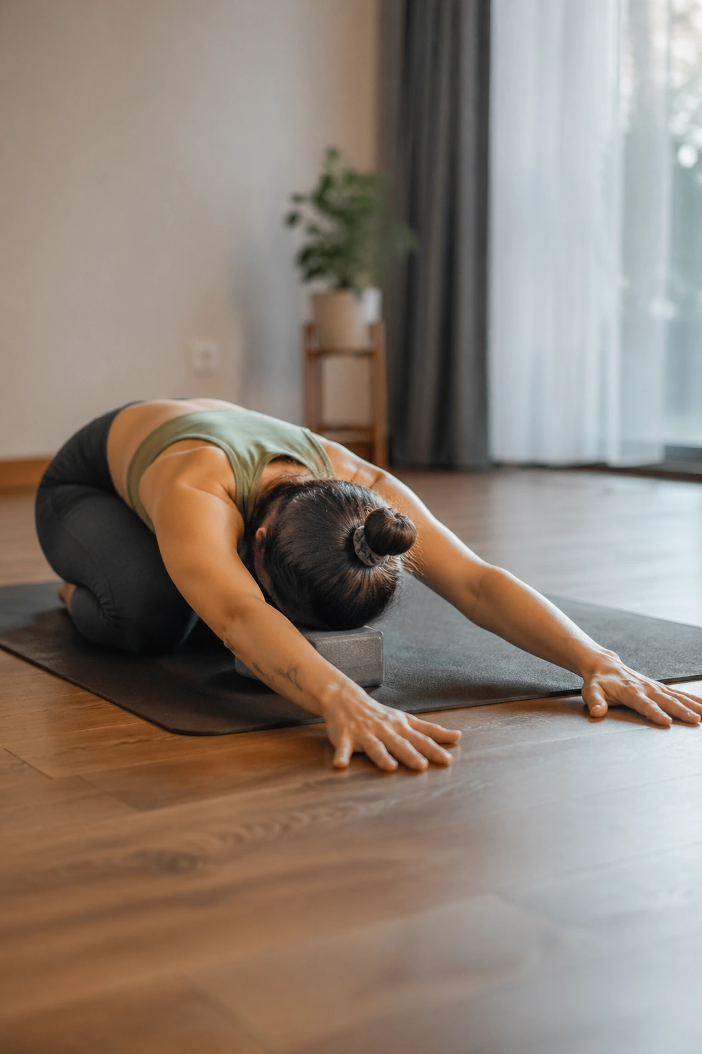 Real person in Child's Pose with side reach stretching the side body and shoulders