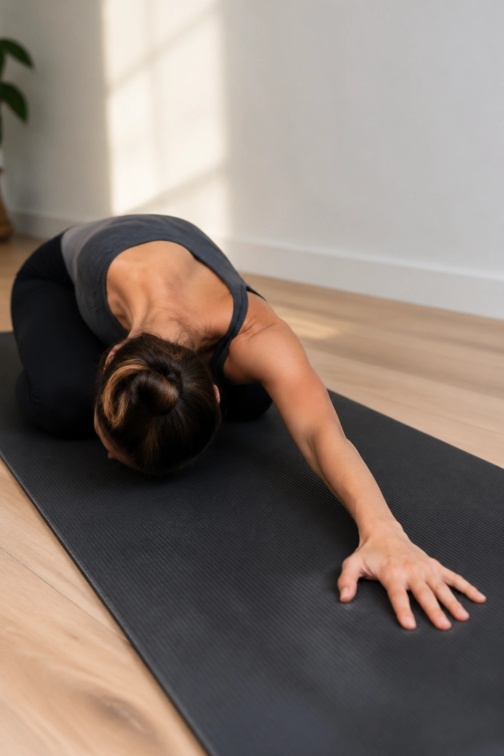 Person in Child's Pose with side reach on mat