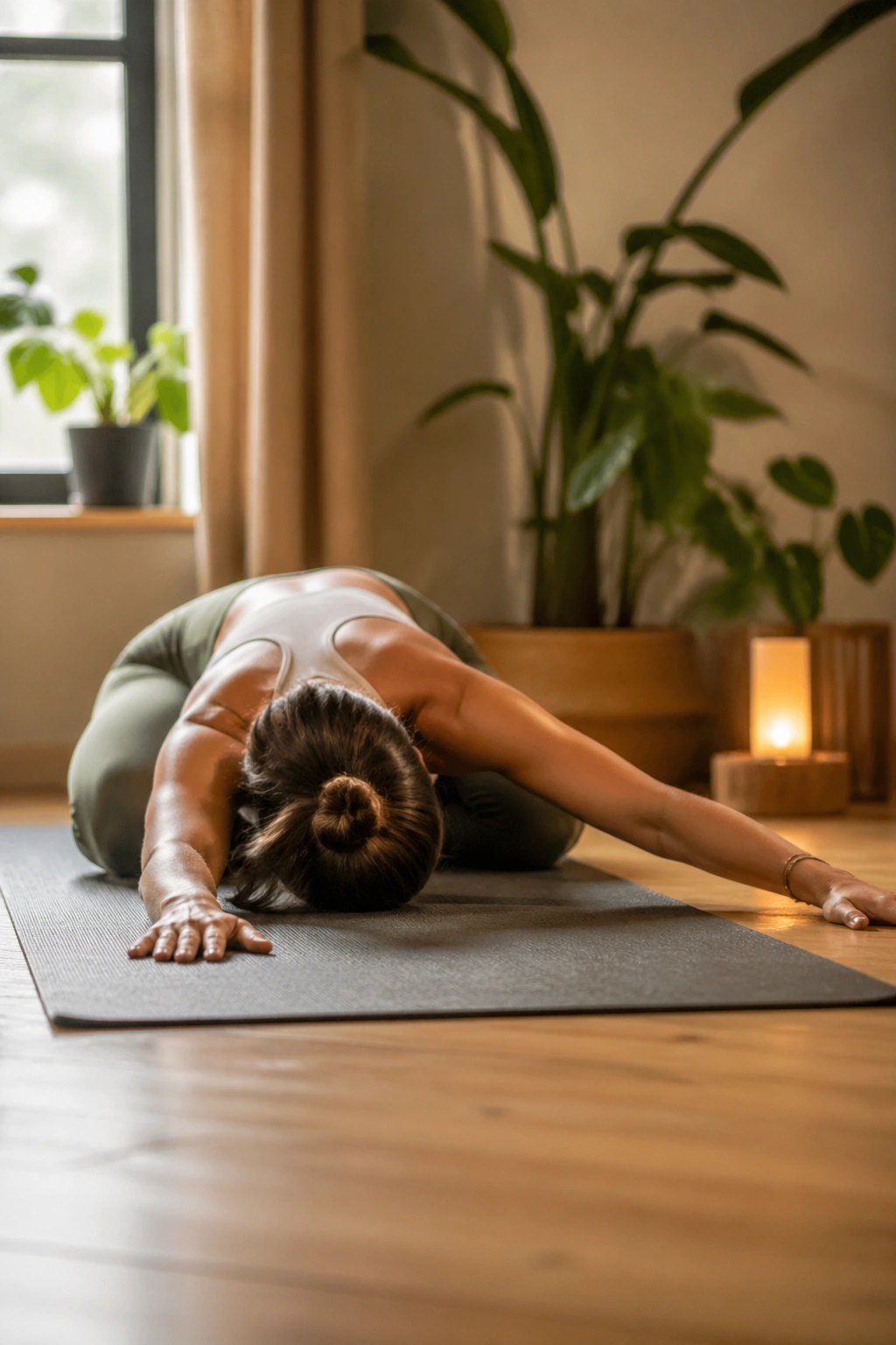Real person in Child’s Pose with side reach in a calm room