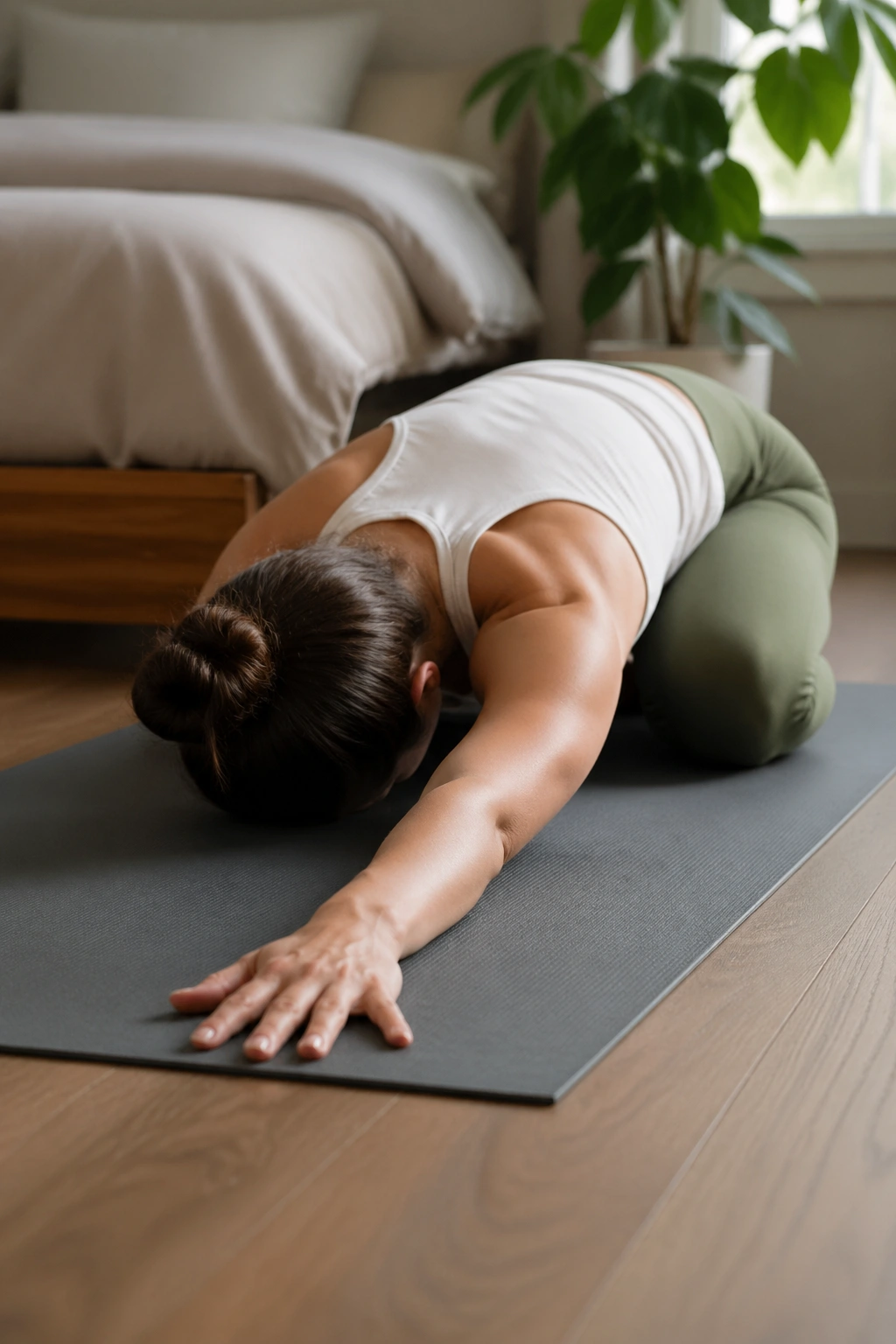 Close portrait of a person in Child's Pose with a side reach stretching the ribs