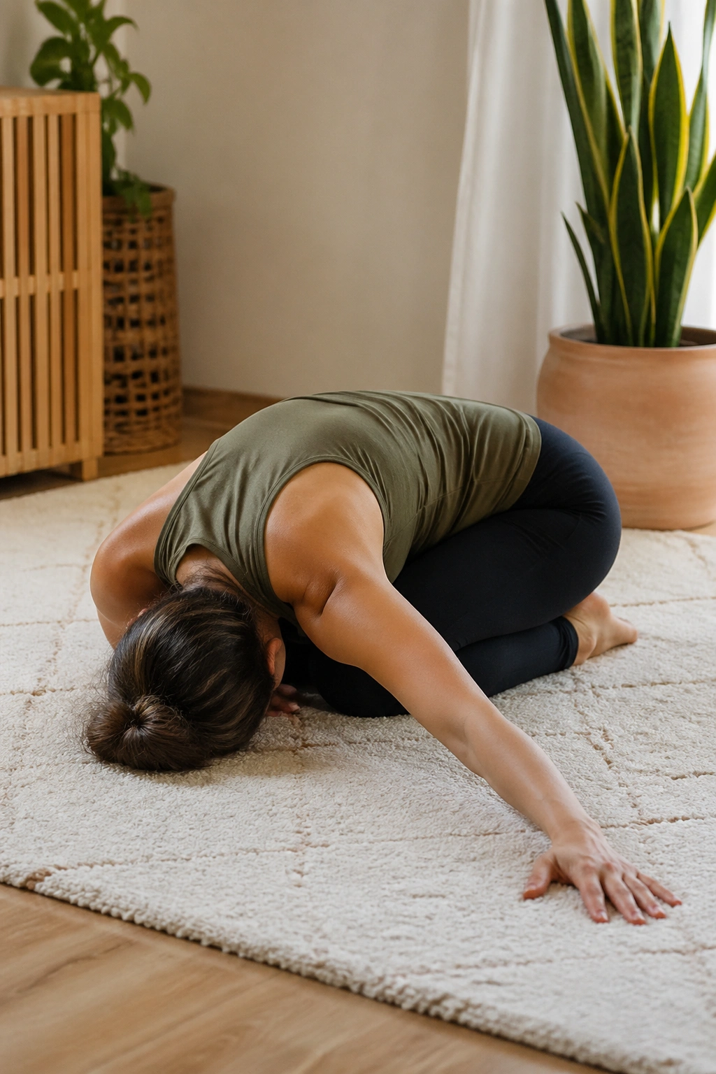 Side-view of a person in Child’s Pose with a side reach