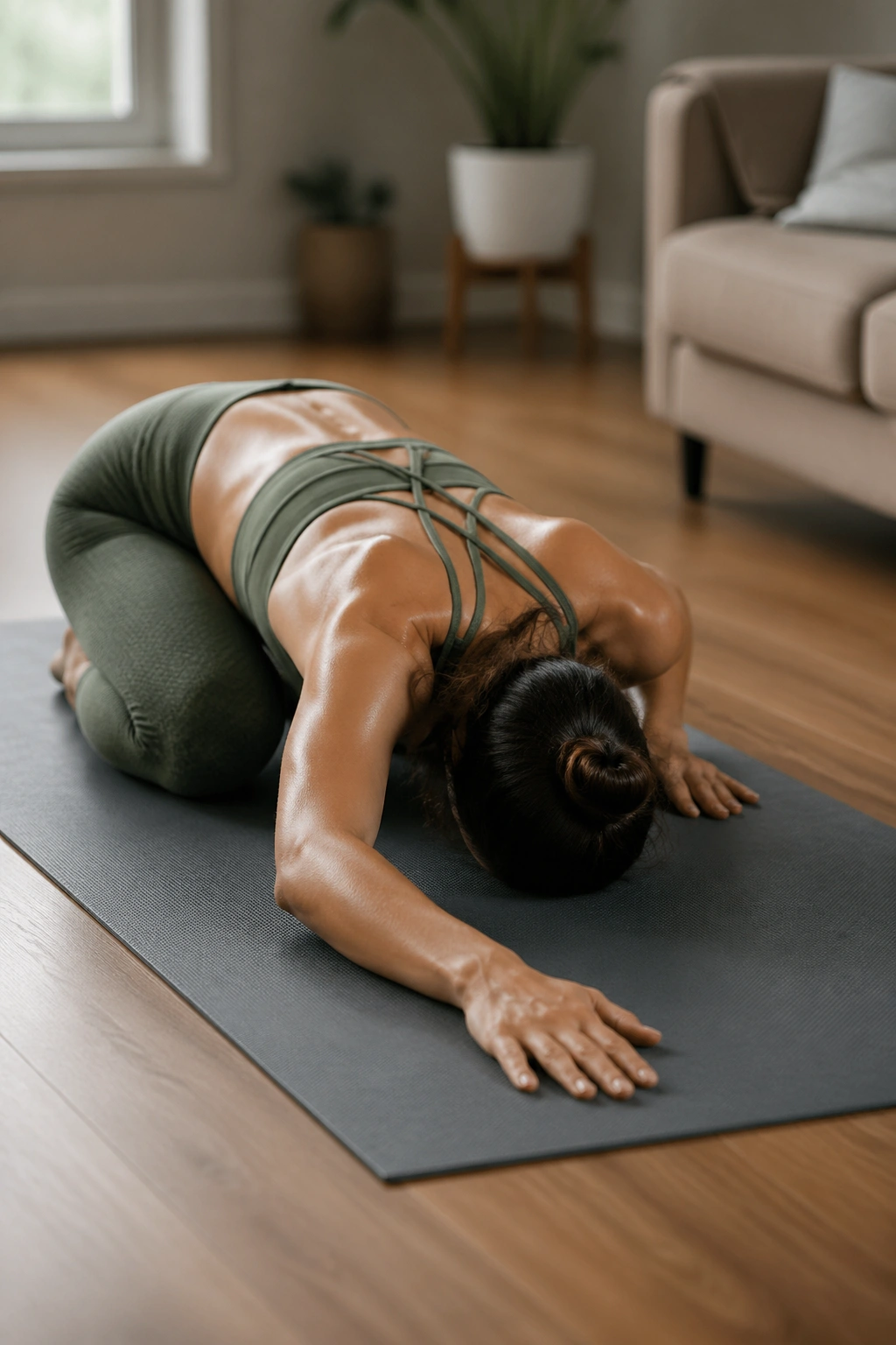Real woman in child’s pose with a side reach on a yoga mat showing side rib stretch