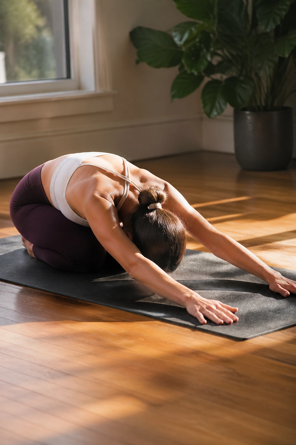 Close-up of a person performing side-walking Child’s Pose on a mat in a sunlit living room