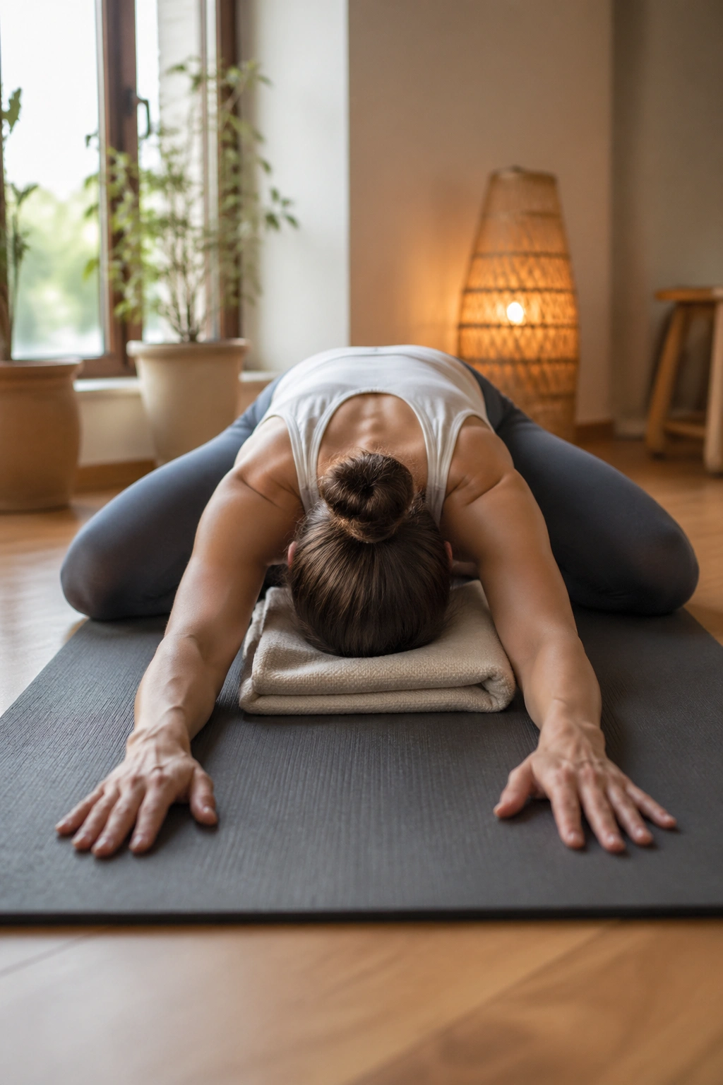 Person in wide-knee Child’s Pose on yoga mat with blanket support