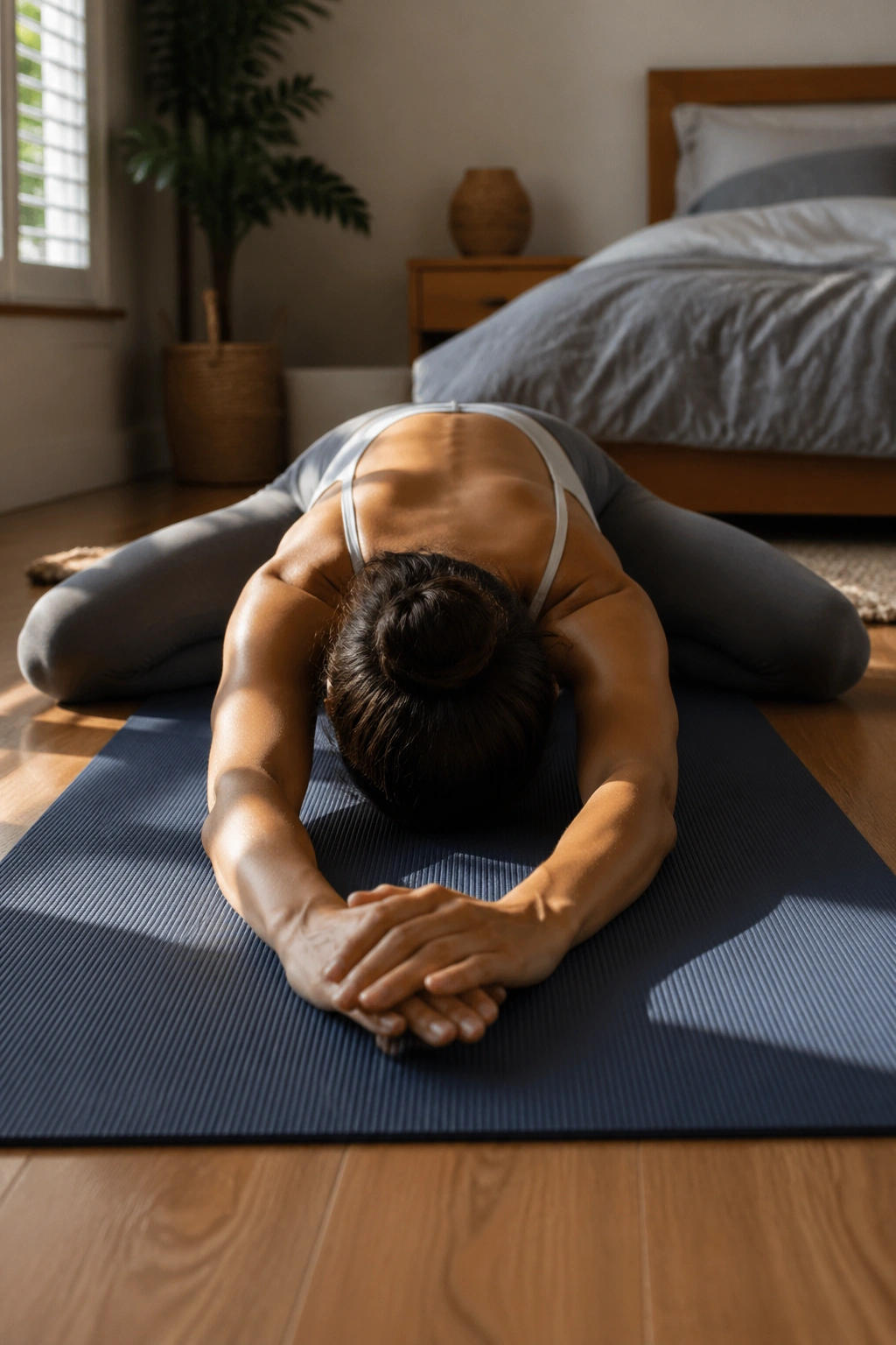 Close-up of a person in Child's Pose With Wide Knees on a yoga mat with forehead on fists in morning light