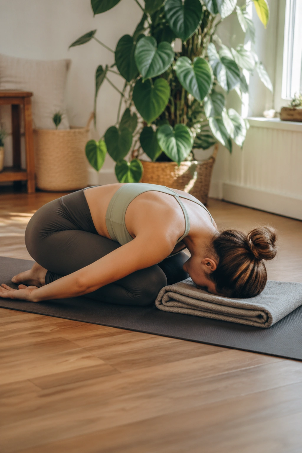 Real person in Child's Pose on a yoga mat in a cozy home corner