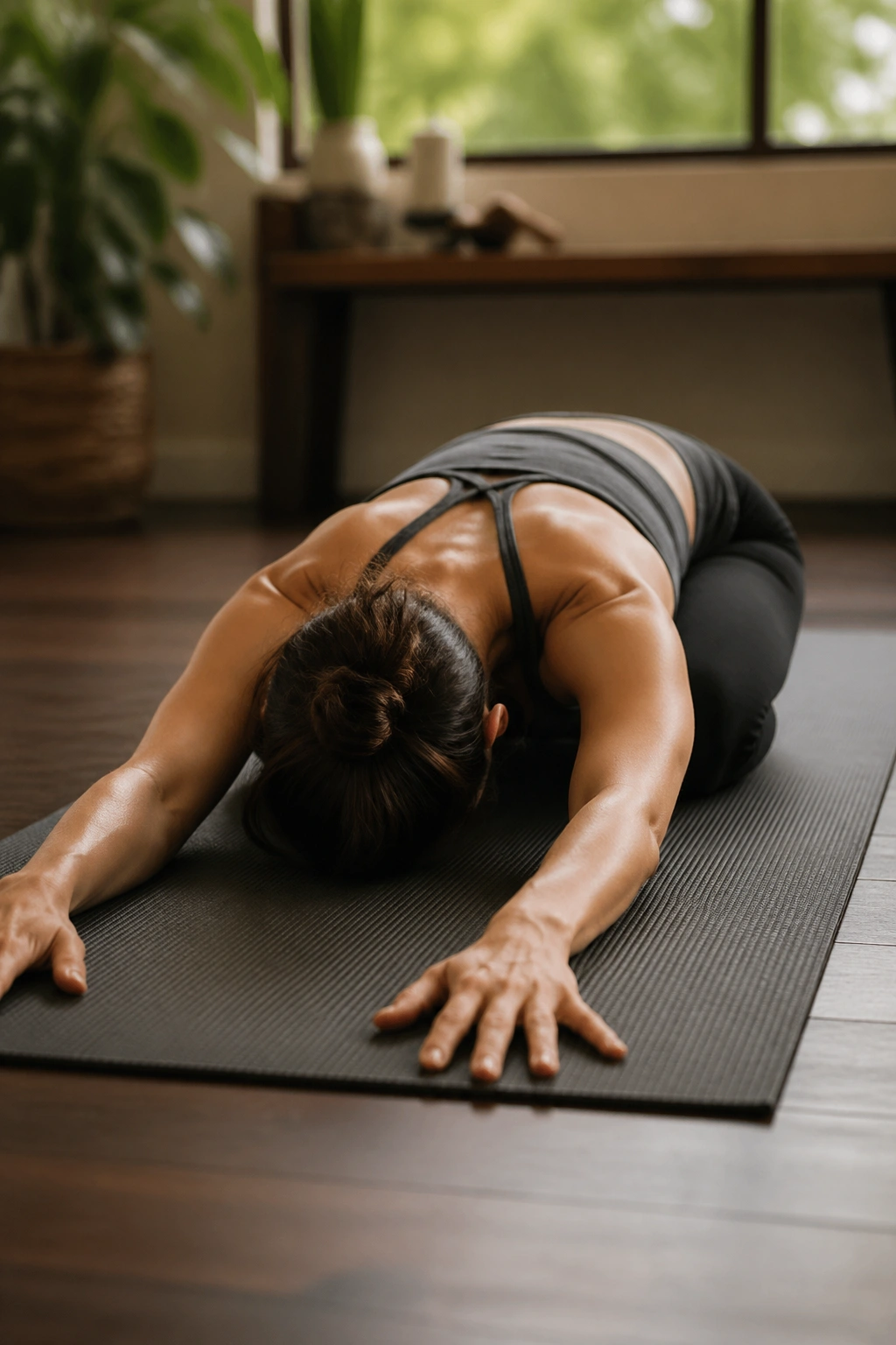 Close-up of a real person in Child’s Pose on a yoga mat with forehead to the mat and arms extended