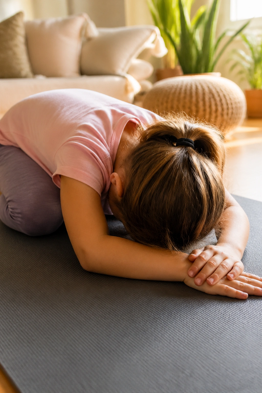 Close-up of a child in Child’s Pose on a mat in a cozy living room
