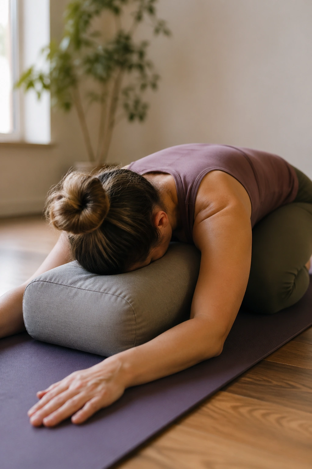 Close-up of person in Child's Pose with a bolster under the chest on a yoga mat in a cozy home setting