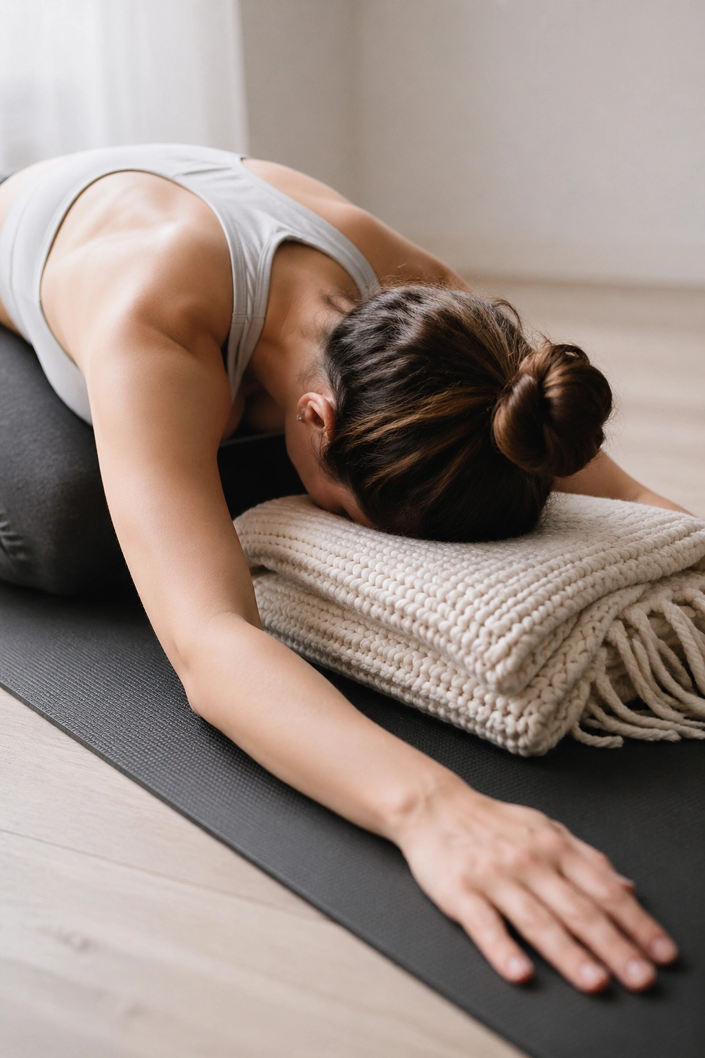 Real person in Child's Pose resting forehead on a prop in a cozy home yoga corner.