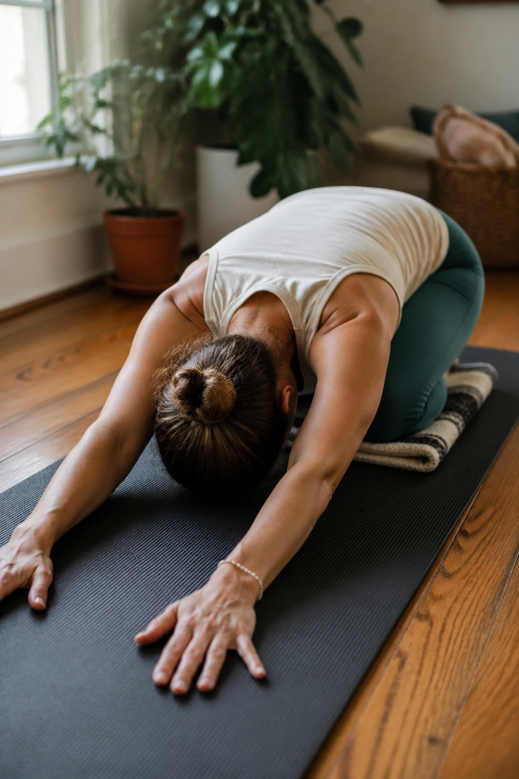 Person in Child’s Pose on a yoga mat with hips open and forehead on the mat