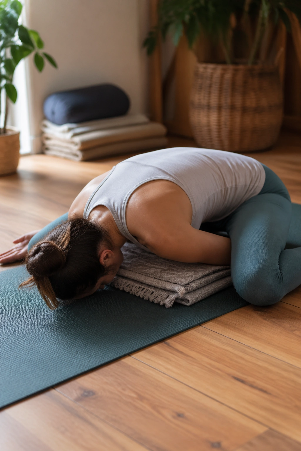 Close-up of a person in Child's Pose on a mat with a chest bolster in a cozy home yoga space