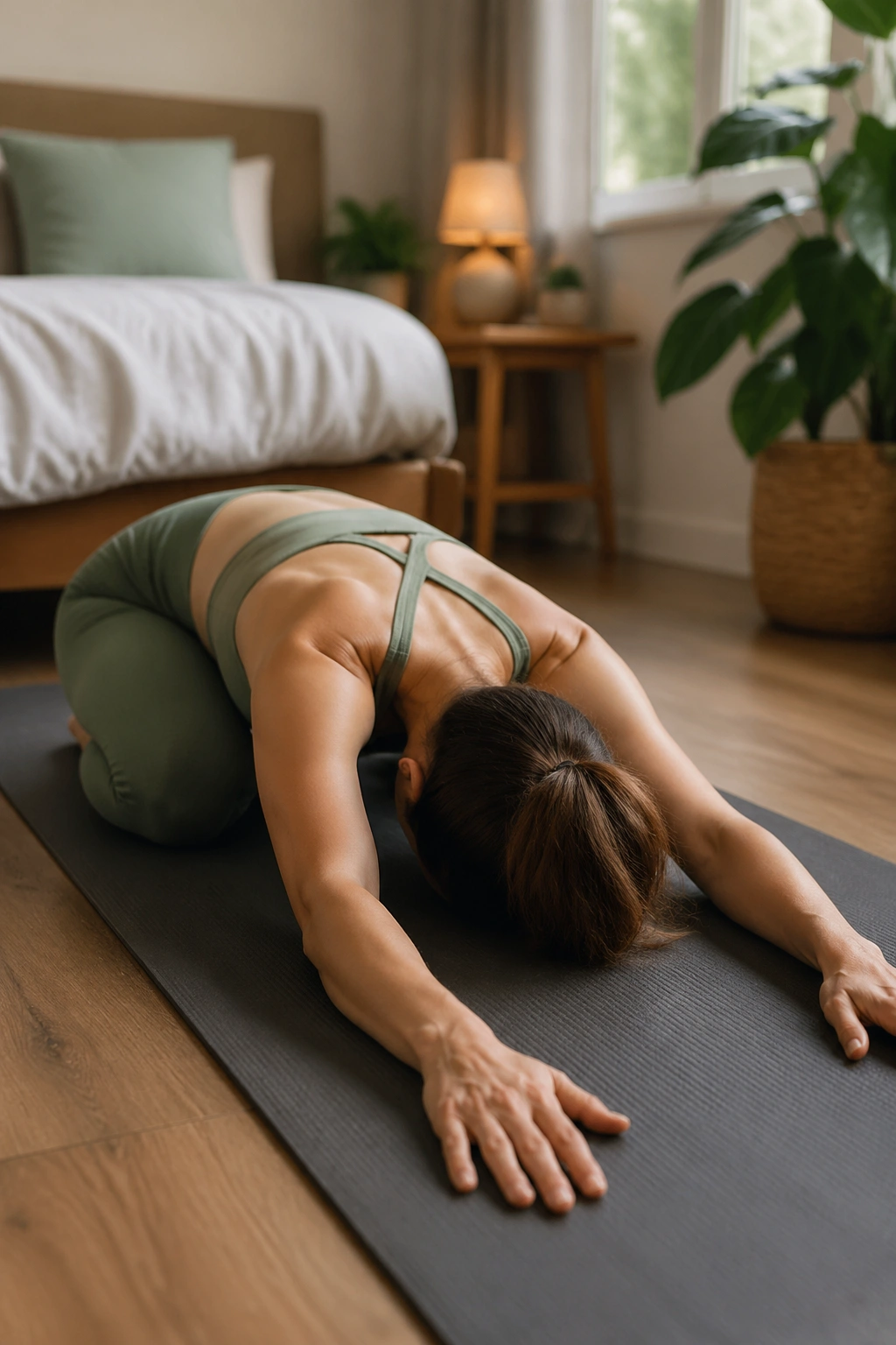 Close-up of a person in Child's Pose on a mat in a calm bedroom setting, focusing on belly space and relaxed pelvis